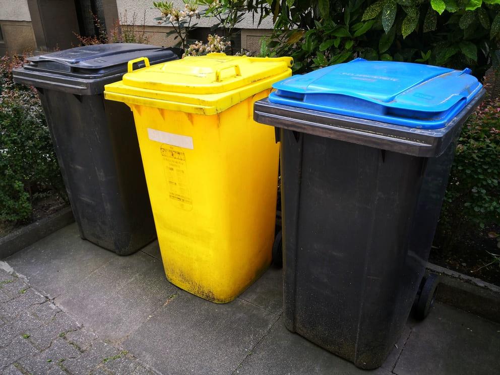 Gelbe, blaue und schwarze Mülltonnen nebeneinander auf einem Gehweg, umgeben von Pflanzen, die eine Mülltonnenbox benötigen.