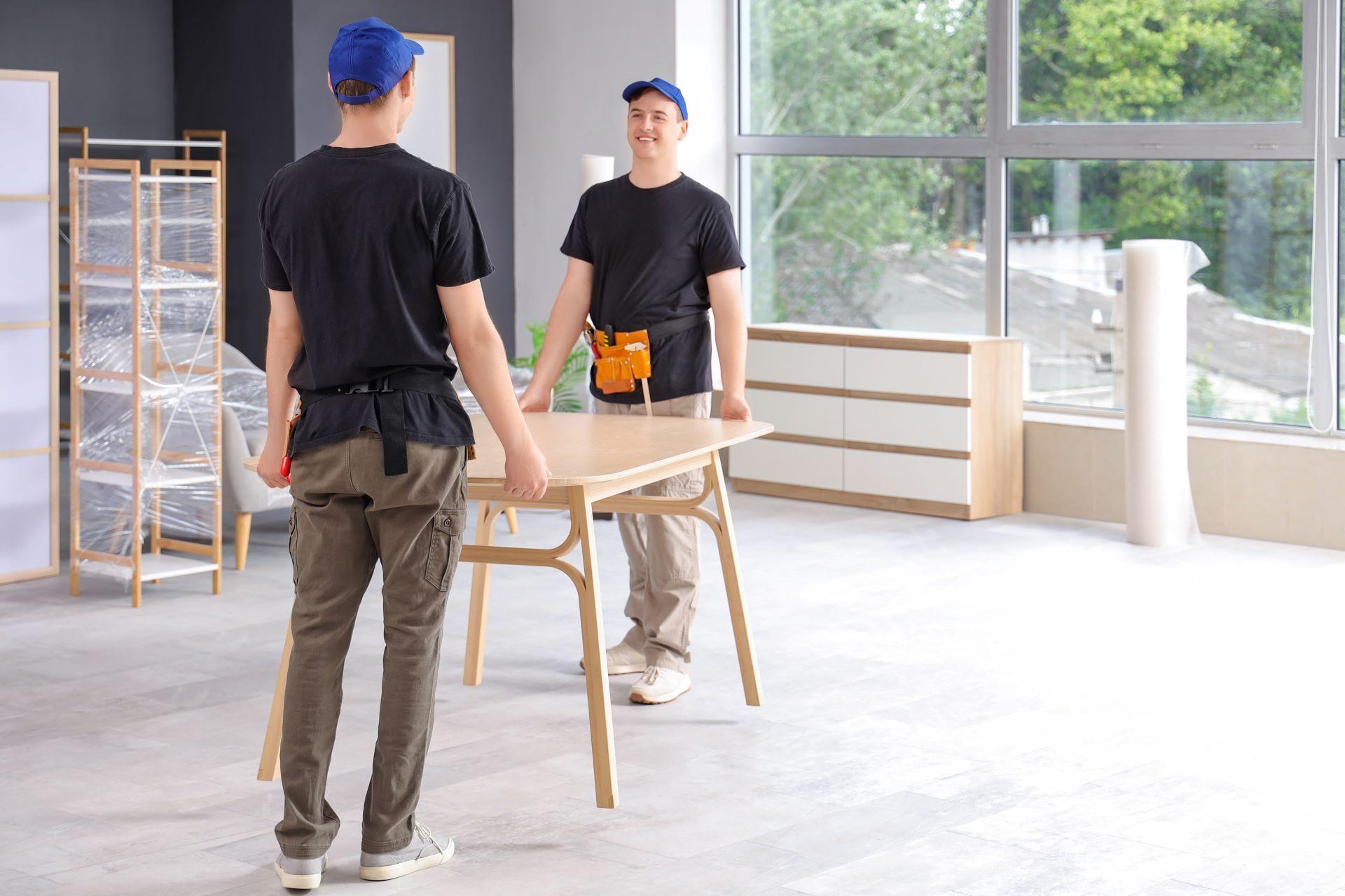 Zwei Männer in Arbeitskleidung tragen einen Tisch in einem hellen Raum mit großen Fenstern. Im Hintergrund sind Möbelstücke und Regale zu sehen, die für den Transport vorbereitet wurden.